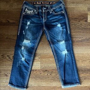 Rock Revival Dark Blue Distressed Jeans with Contrast Stitching